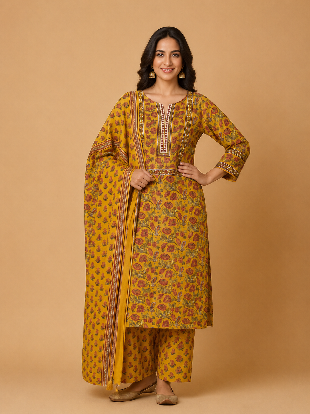 Cotton Suit With Embroidered Yoke